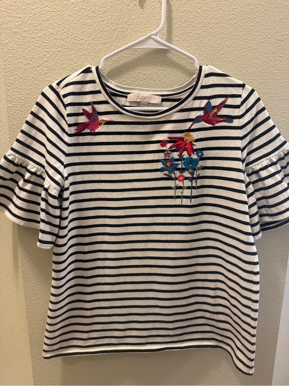 LOFT Black & White Striped Tee with Colorful HummingBirds & Floral Embroidery